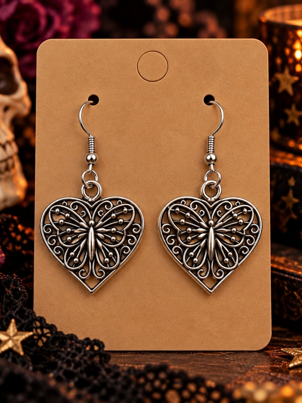 Silver Tone Metal Heart Butterfly Dangle Drop Earrings New